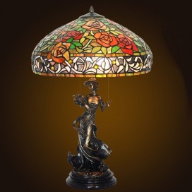 Rural Red Rose Stained Glass Table Lamp