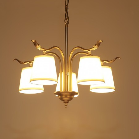 5 Light Retro Rustic Luxury Brass Chandelier with Fabric Shade