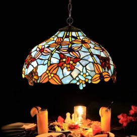 16 Inch Rustic Rural Butterfly Stained Glass Pendant Light