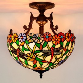 16 Inch Rustic Dragonfly Stained Glass Pendant Light