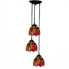 3 Light Rustic Rose Stained Glass Pendant Light